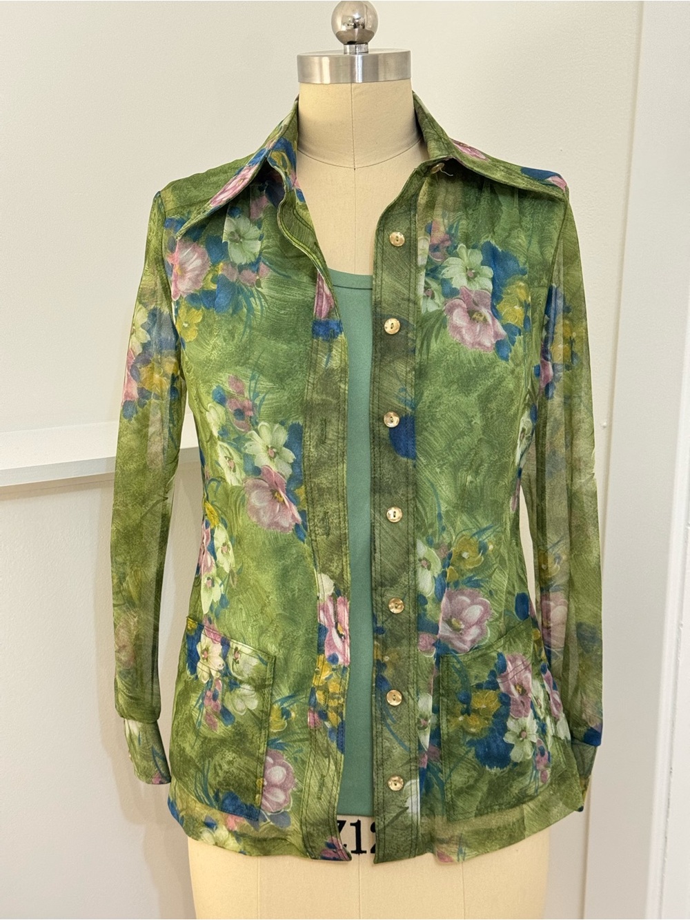 Vintage Green Floral Tie-Waist Button-Up Blouse Pointy Collar - Picture 3 of 10